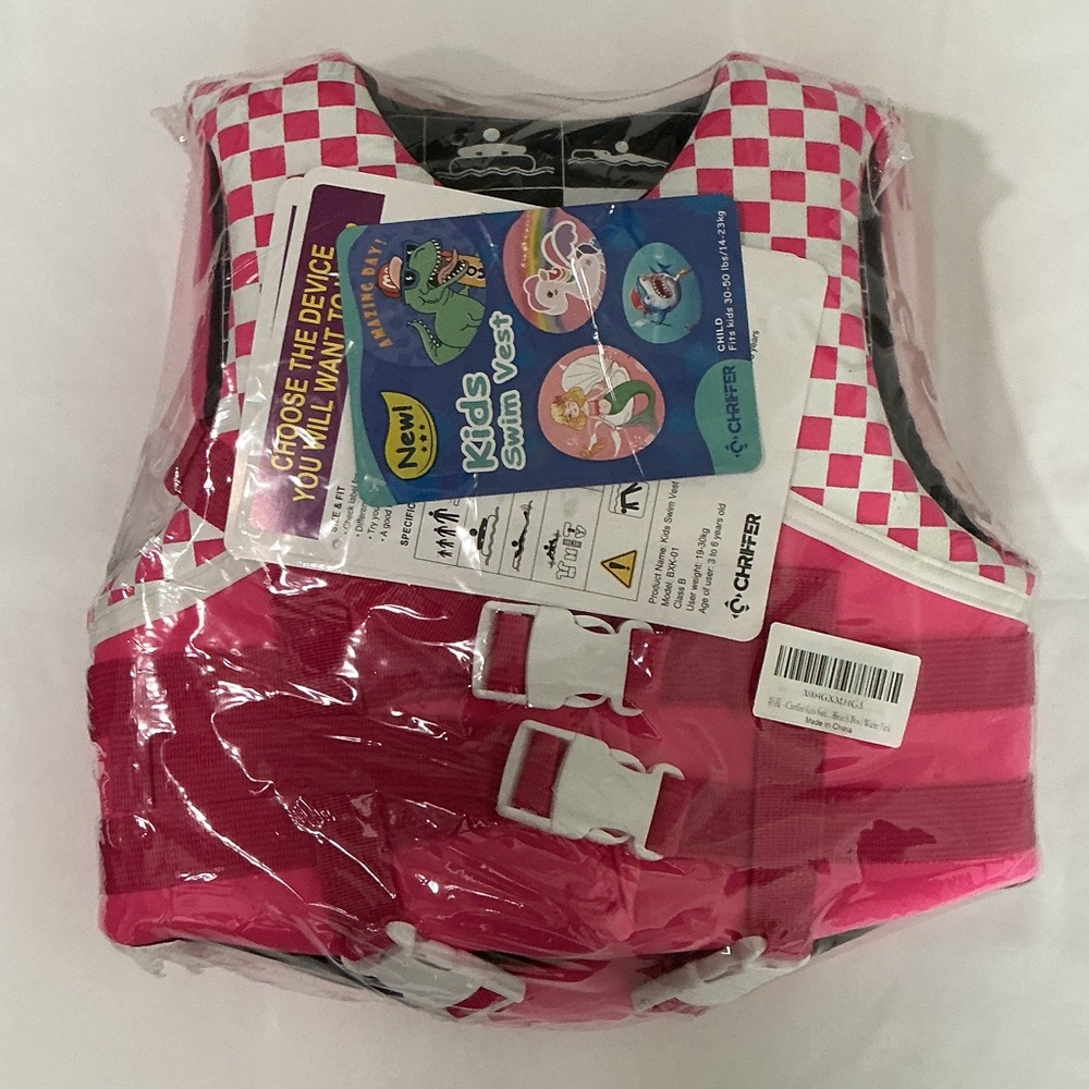 Kids Swim Vest - Pink Checkered with Mermaid 30-50 lbs